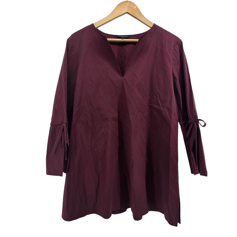 Lafayette 148 Tunic Women L V-Neck Tie Sleeve Burgundy Stretch Cotton EUC